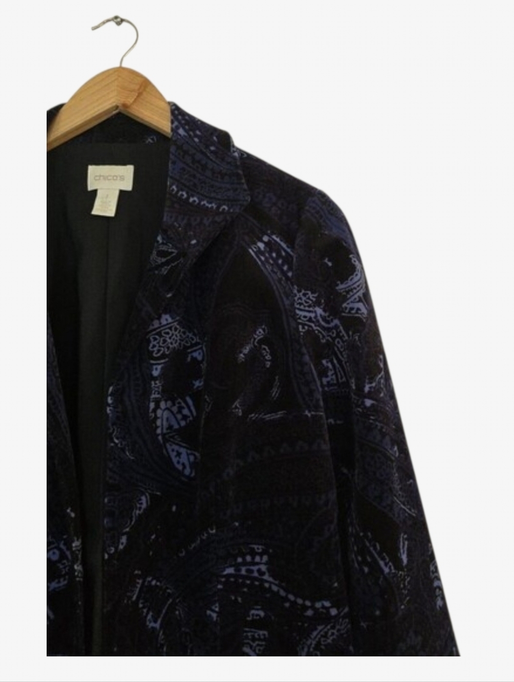 Chico's Velvet Paisley Jacket Womens Medium Blue Black Open Front Blazer - Picture 3 of 11